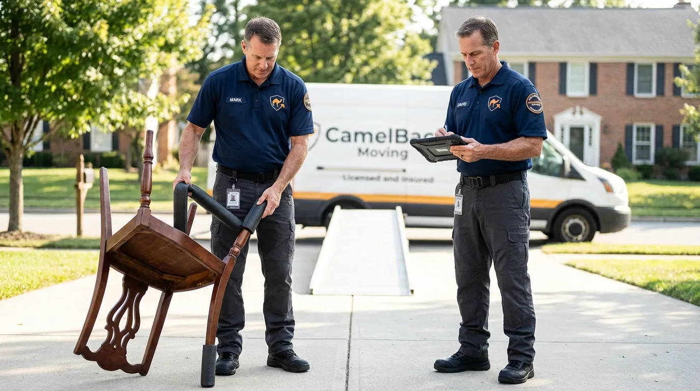 Movers inspecting furniture for damage prevention before loading in Winnsboro, SC