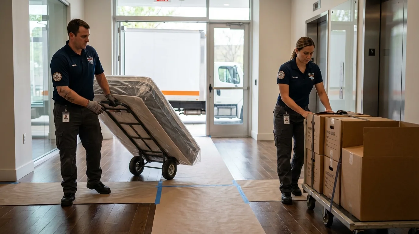 Professional apartment movers loading elevator in Winnsboro, SC